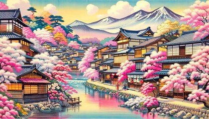 Obraz premium A picturesque springtime scene in Kyoto, Japan, with vibrant cherry blossoms
