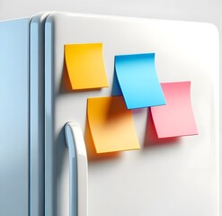 Close-up view of colorful sticky notes attached to a refrigerator door, featuring yellow, blue, and pink notes in a minimalist kitchen setting.