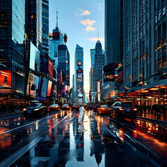 a modern metropolis at dawn, with sleek glass buildings reflecting the sunrise, busy streets filled with people and cars, and a sense of energy and movement