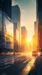 a modern metropolis at dawn, with sleek glass buildings reflecting the sunrise, busy streets filled with people and cars, and a sense of energy and movement