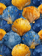 Group of Blue and Yellow Shells on Blue Surface