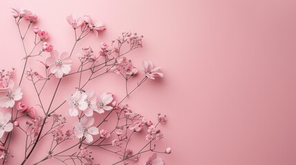 A minimalistic floral arrangement with a soft pink background, showcasing a few delicate flowers. The simplicity of the design highlights the natural beauty of the flowers, while the pink tones add a