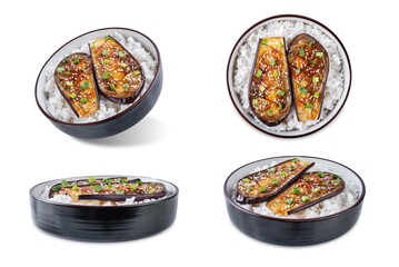 Teriyaki sauce eggplant slices with rice on a white isolated background