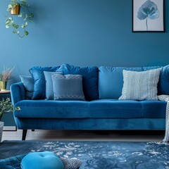 Cozy living room with a blue accent wall, a comfortable blue couch, and blue throw pillows, perfect for relaxation