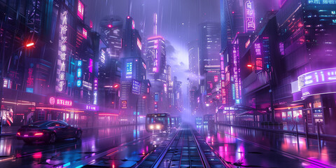 Sci fi cyberpunk futuristic modern city in neon lights	