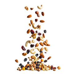 Mixed Nuts and Dried Fruits in Mid-Air, A stream of mixed nuts and dried fruits falling together, isolated on a plain background, highlighting healthy snack options