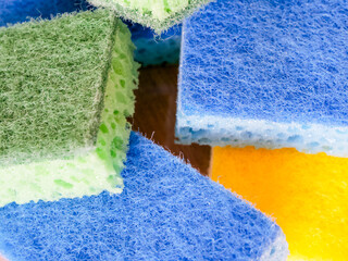 Household Cleaning Tools. A variety of sponges for different cleaning tasks. Uses for Instructional videos, DIY cleaning hacks.