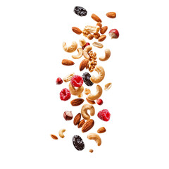 Mixed Nuts and Dried Fruits in Mid-Air, A stream of mixed nuts and dried fruits falling together, isolated on a plain background, highlighting healthy snack options