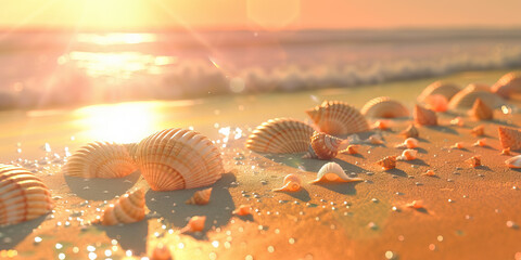 Sun-Kissed Beach Hues - Warm hues of the setting sun bathe a deserted beach, leaving the sand and shells tinged with soft yellows, oranges, and pinks.