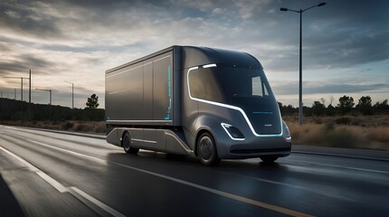 Fototapeta premium A concept of a self-driving delivery truck on a road, logistics, dynamic and dramatic compositions, with copy space