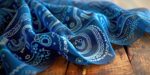 Intricate Blue Patterns - A patterned blue cloth drapes over a wooden table, creating a mesmerizing display of shapes and colors
