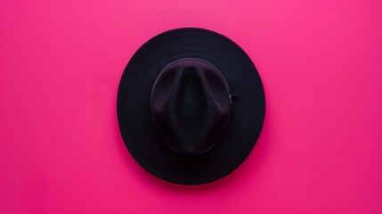 Black hat on a bright pink background. Flat lay composition. Design for poster, banner, wallpaper