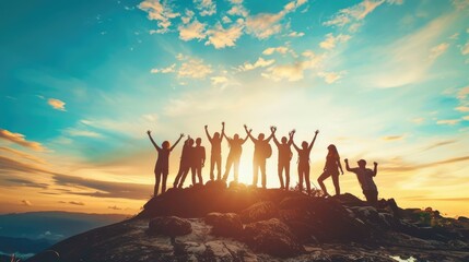 A group of diverse people celebrating their success on a mountaintop at sunrise with bright blue sky and golden sunlight. AIG535
