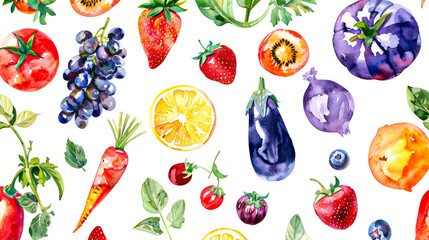 Vibrant watercolor fruits and vegetables create a seamless pattern.