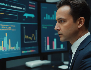 Fototapeta premium Businessman Reviewing Financial Charts on Multiple Monitors in Office