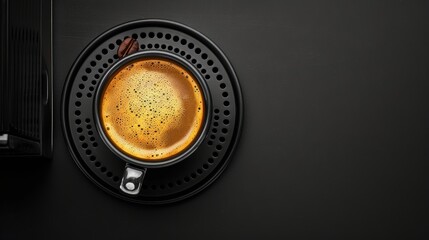 Black coffee cup with espresso on black background. Close-up shot with copy space. Coffee beverage concept for design and print