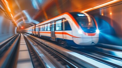 An underground maglev train connecting various underground cities speeding through tunnels with minimal resistance.