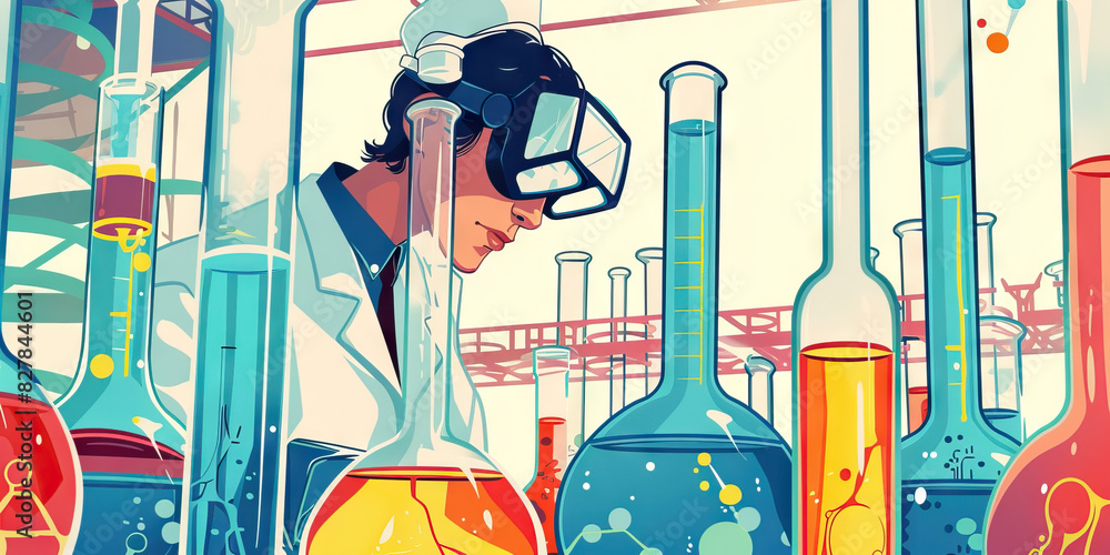 Poster a scientist stands before a complex array of beakers and test tubes, their goggles perched atop thei