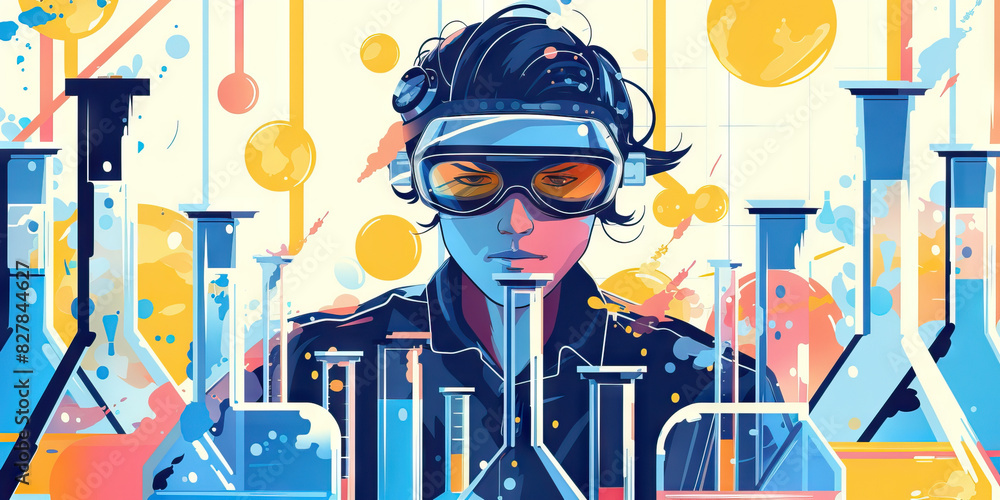 Poster a scientist stands before a complex array of beakers and test tubes, their goggles perched atop thei
