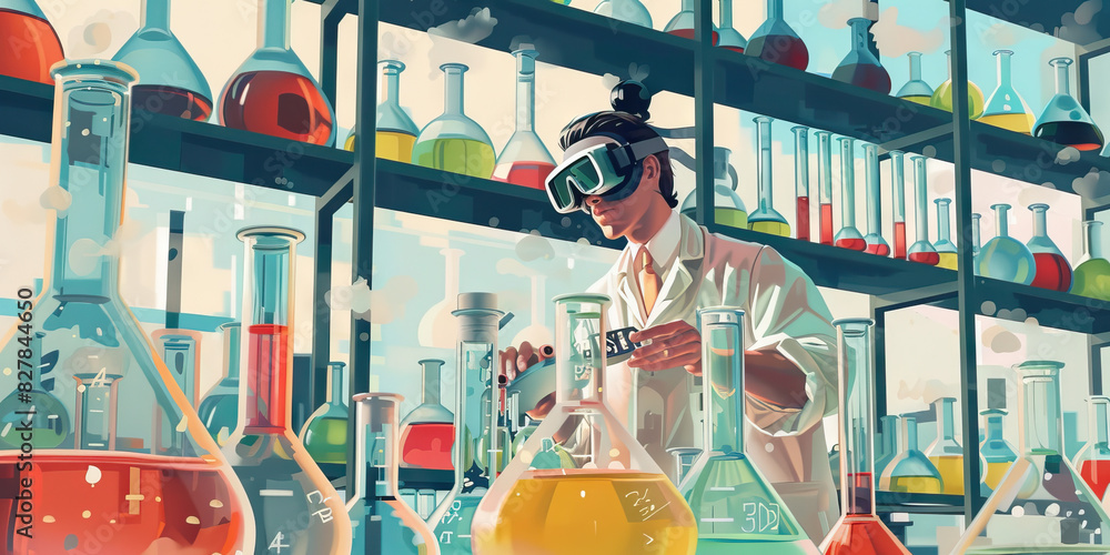 Poster a scientist stands before a complex array of beakers and test tubes, their goggles perched atop thei