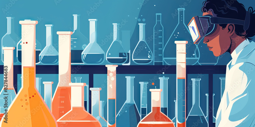 Poster a scientist stands before a complex array of beakers and test tubes, their goggles perched atop thei