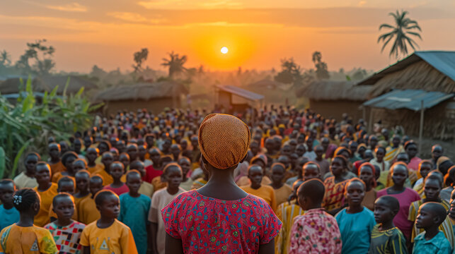 A large crowd of people are gathered in a field, with many of them wearing orange clothing. meeting in an African tribal village