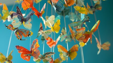 A creative mobile with paper butterflies crafted from magazine pages.