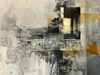 An artistic collage art piece combining elements of nature, architecture, and handwritten notes, layered to create a visually engaging composition.