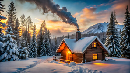 A cozy, rustic cabin in the mountains during winter, with smoke rising from the chimney, snow-covered trees, and a warm light glowing from the windows