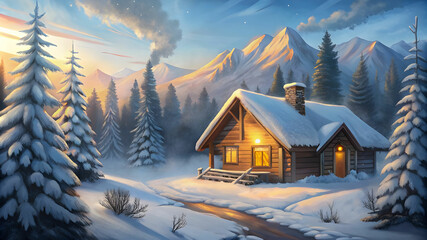A cozy, rustic cabin in the mountains during winter, with smoke rising from the chimney, snow-covered trees, and a warm light glowing from the windows