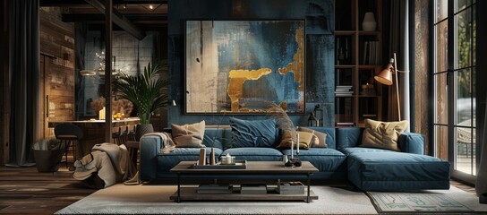 Cozy living room with a blue color scheme, featuring a plush blue sofa, warm lighting, and rustic wooden accents