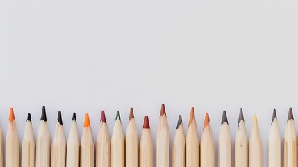 Neatly arranged pencils in a row on a white table. - Powered by Adobe