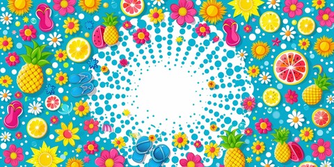 Fototapeta premium A vibrant and cheerful summer-themed background featuring an array of colorful flowers, fruits, and summer icons.