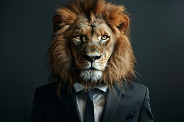 Powerful Lion Wearing a Formal Business Suit,Exuding an Aura of Confidence,Authority,and Primal Dominance The Juxtaposition of the Wild Beast and the Corporate Attire Creates a Striking and Enigmatic 