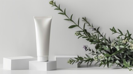 Cosmetic tube with flowers on white blocks. Minimalistic photography of skincare products. Beauty and wellness concept