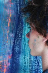 Close Up Portrait of Person Against Blue Background. Generative AI