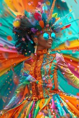 Woman in Colorful Costume With Feathers. Generative AI