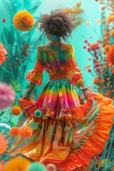 Woman in Colorful Dress Standing in Field of Flowers. Generative AI