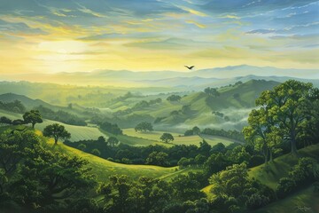 Sunrise Over Green Landscape: A Tranquil Morning Tableau adorned with Hills and Flying Bird