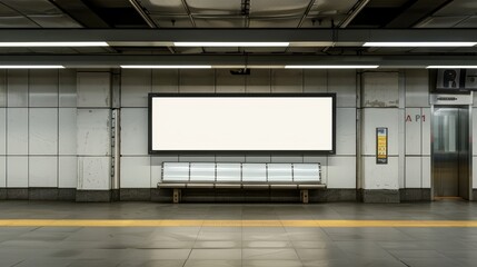 Empty subway station with blank billboard. Urban transportation and advertisement concept