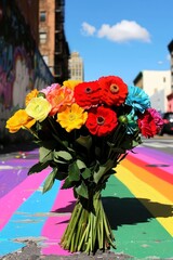Colorful Flower Bouquet on Rainbow Painted Street. Generative AI