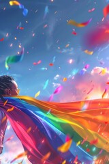 Woman Wearing Rainbow Scarf Flying Through the Air. Generative AI