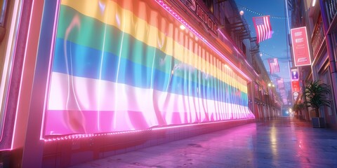 Rainbow Colored Wall Illuminated in City Night. Generative AI