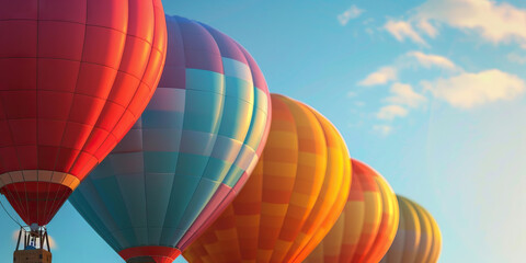 Obraz premium Colorful hot air balloons soaring through a flawless sky, their vibrant envelopes mirroring the invigorating sunbeams.