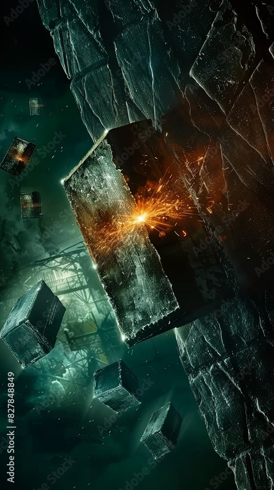 Poster movie poster featuring a central exploding cube surrounded by surreal elements
