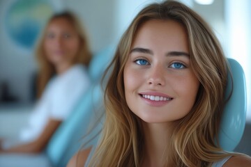 A woman sitting in a dental chair smiling.