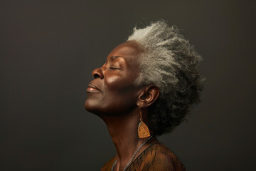 A close up of a black woman's face with her eyes closed looking to a side