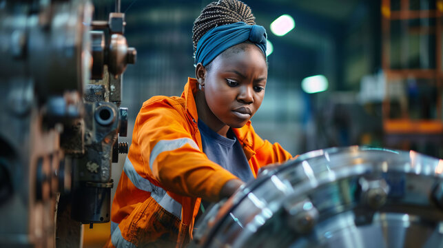 An African American woman working with heavy machinery. A female mechanic performing industrial maintenance tasks. International Women's Day, Labor Day, equality.