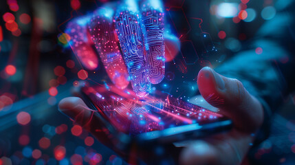 A hand touching the screen of a smartphone with holographic connections and data. Concept of digital interaction, artificial intelligence, and human-machine connection.