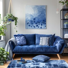 Cozy living room with a blue futon, blue wall art, and blue indoor plants, adding a touch of nature to the space